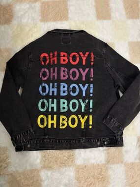 The Lost Bros Black Denim Jacket with Rainbow "OH BOY!" Distressed Print